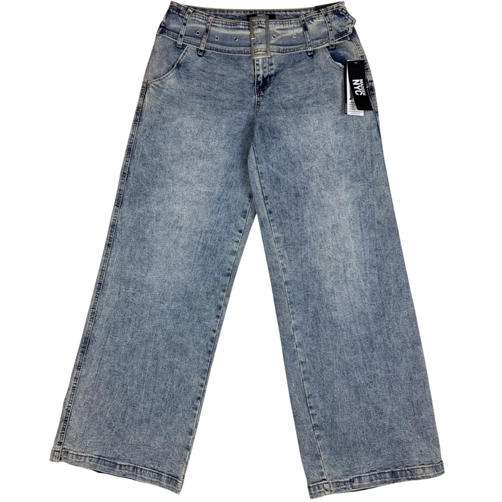 Madden NYC Grommet Belted Jean Slouchy Wide Leg Women 10 Vintage Indigo Y2K Chic